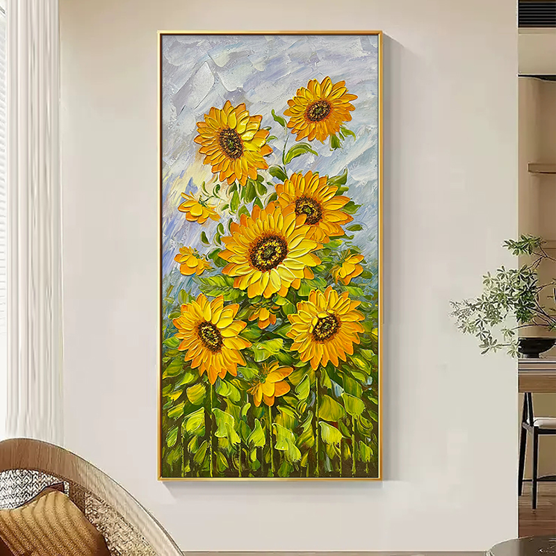 手绘油画【朝阳】花卉美式高级玄关挂画艺术家简约厚肌理手绘装饰画