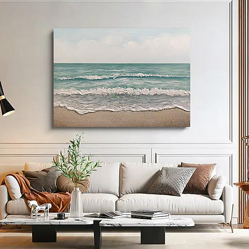手绘油画【浪潮】大幅海景抽象手绘油画横幅客厅背景挂画床头画艺术