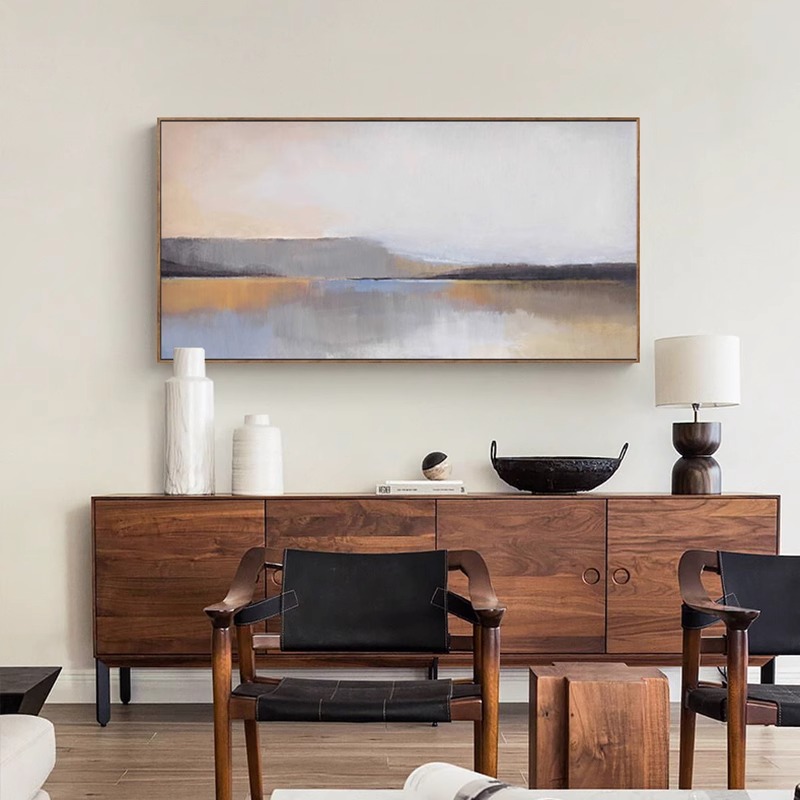 纯手绘油画【宁澜】山水画原木风客厅沙发背景墙挂画新中式书房挂画