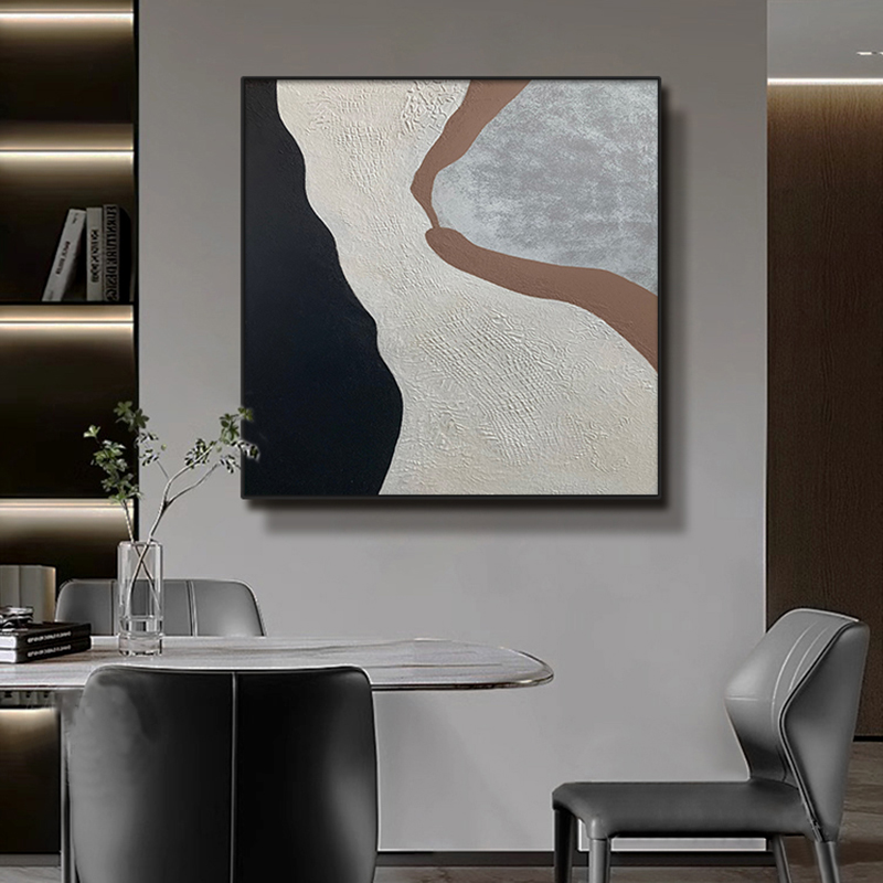 手绘油画【川涔】抽象立体肌理画现代黑白灰餐厅方形卧室床头装饰画