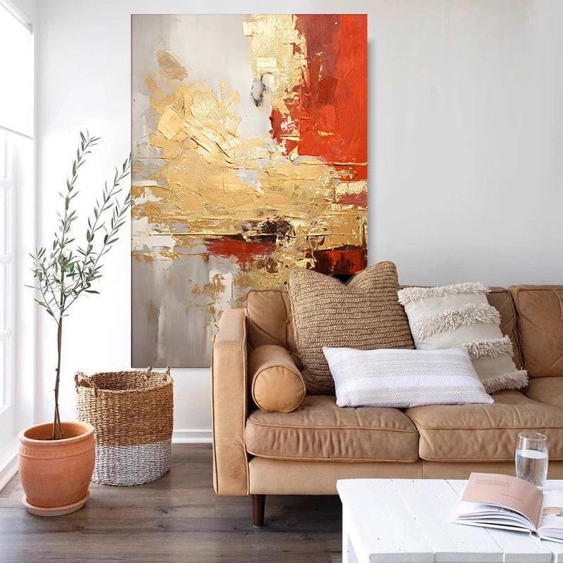 手绘油画【鸿运】轻奢玄关抽象画客厅沙发挂画红色入户走廊餐厅挂画