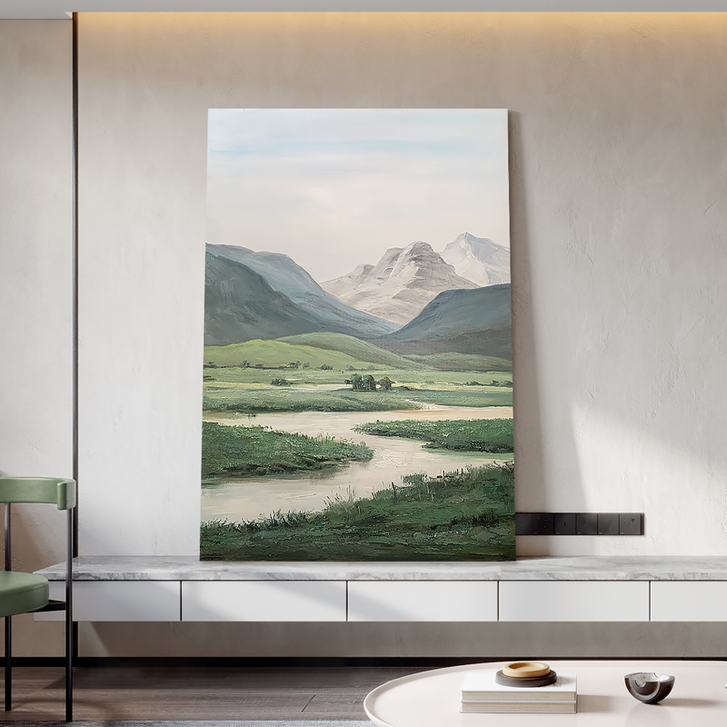 《山川之境》手绘油画绿色艺术风景画客厅背景墙肌理油画玄关挂画