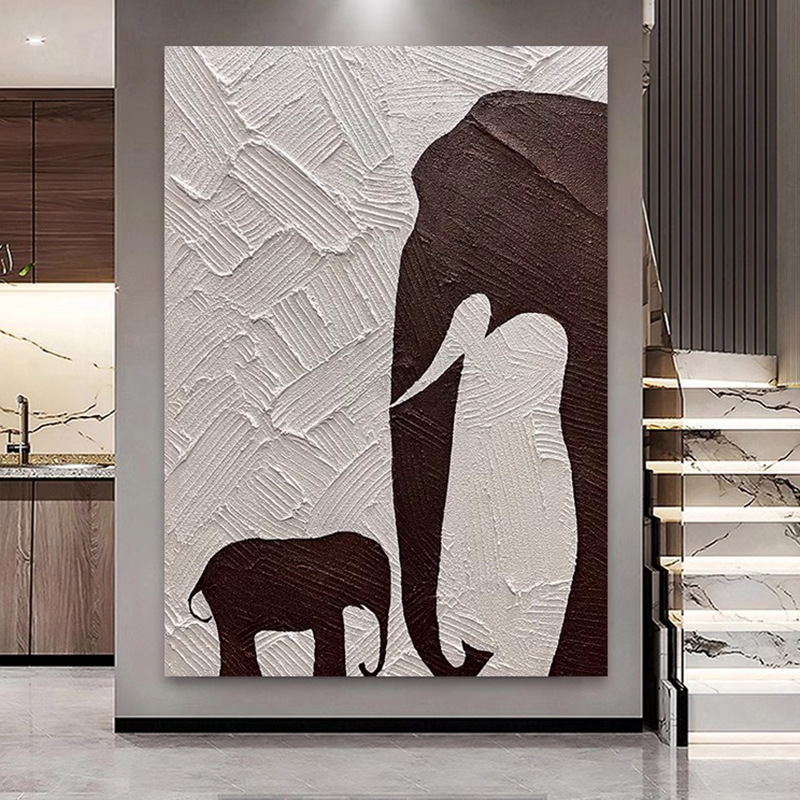 纯手绘油画【吉祥】极简侘寂风大象挂画玄关抽象画简约大气落地挂画