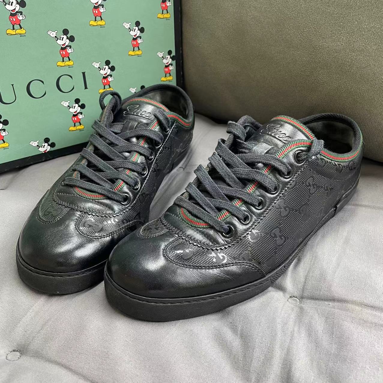 95新 GUCCI/古驰 黑色老花满印亮面时尚百搭低帮板鞋/多尺码