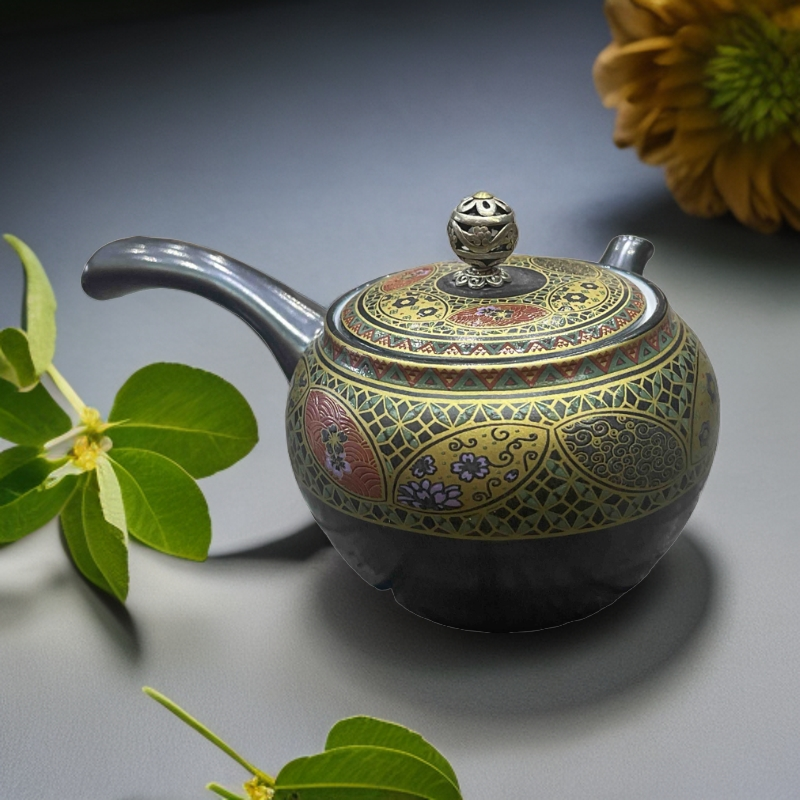爱物拾光珐琅彩陶瓷中式侧把壶家用鎏银茶具泡茶壶