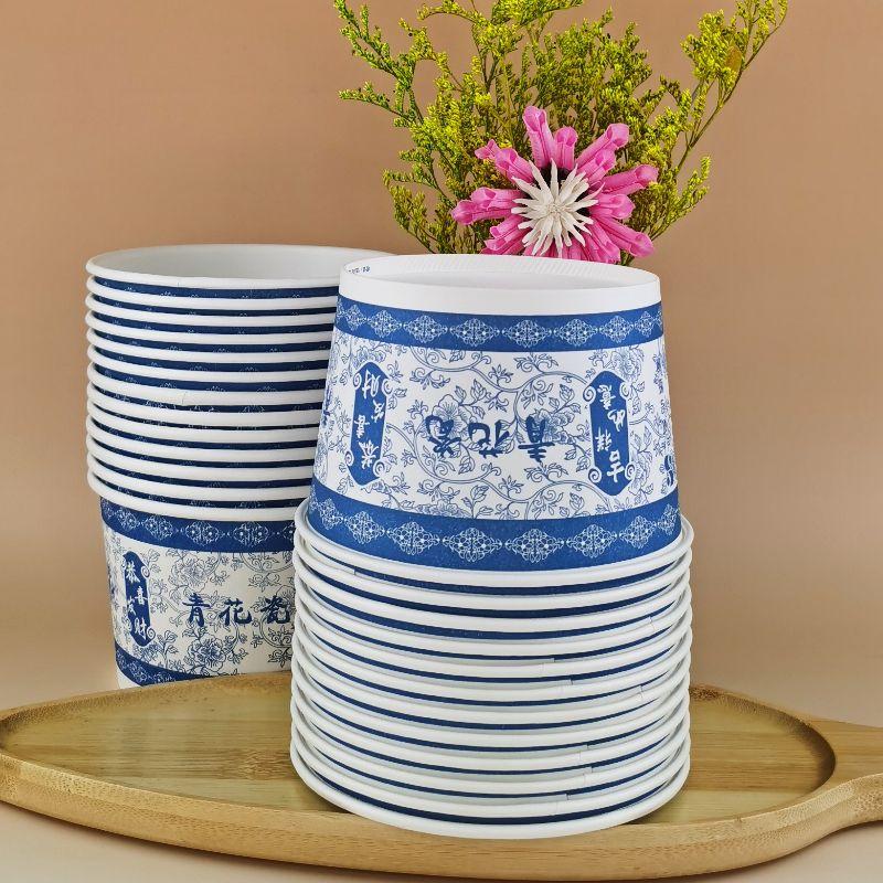 青花瓷家用加厚一次性纸碗商用酒席圆形纸碗打包碗