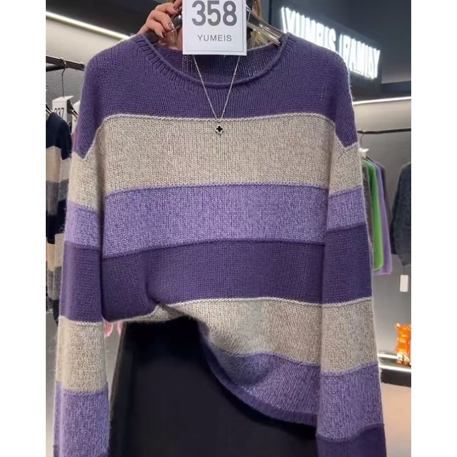撞色条纹毛衣秋冬新款慵懒风百搭一字领针织衫宽松休闲套头上衣女
