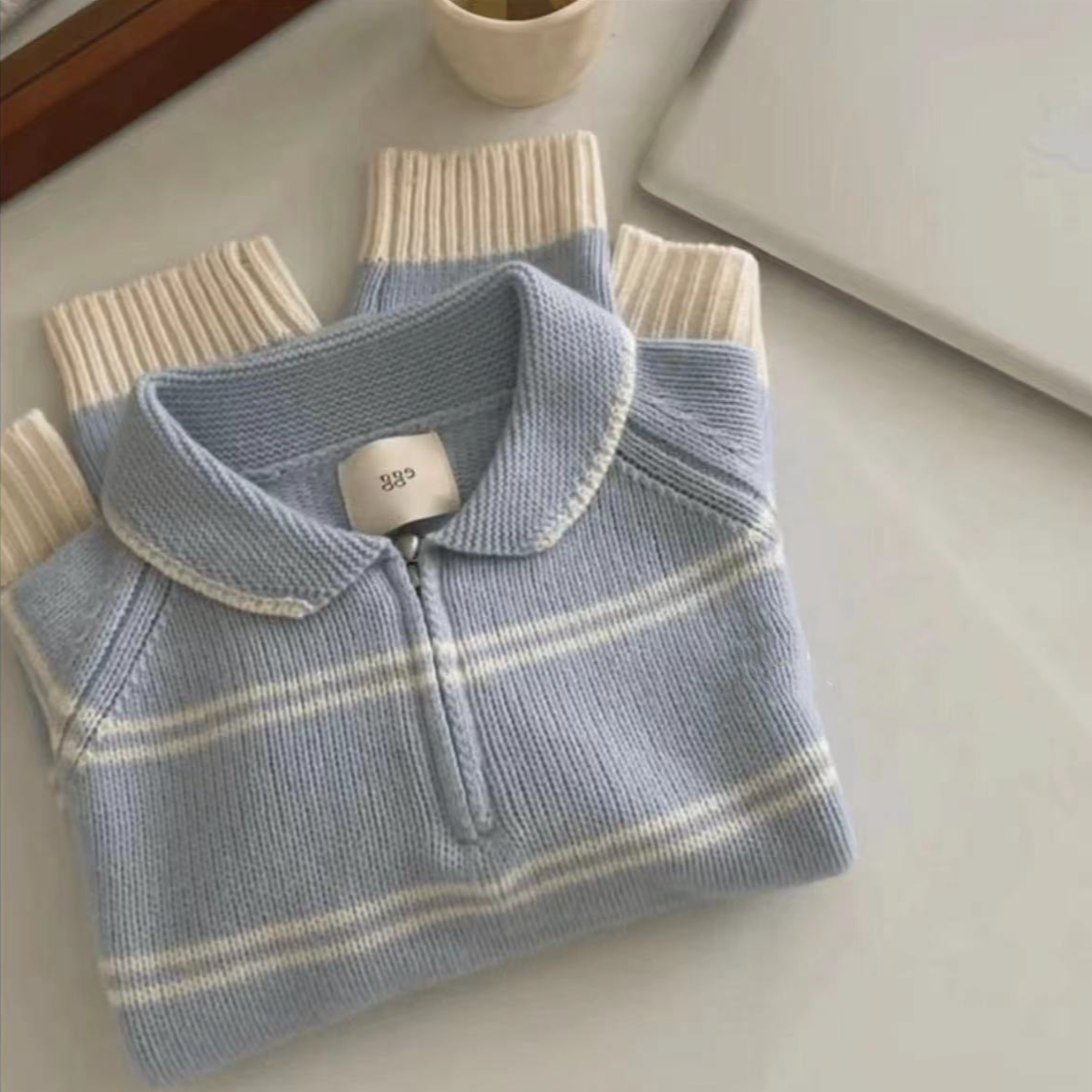 条纹Polo领针织衫毛衣女秋冬新款2024慵懒高级感宽松显瘦翻领上衣