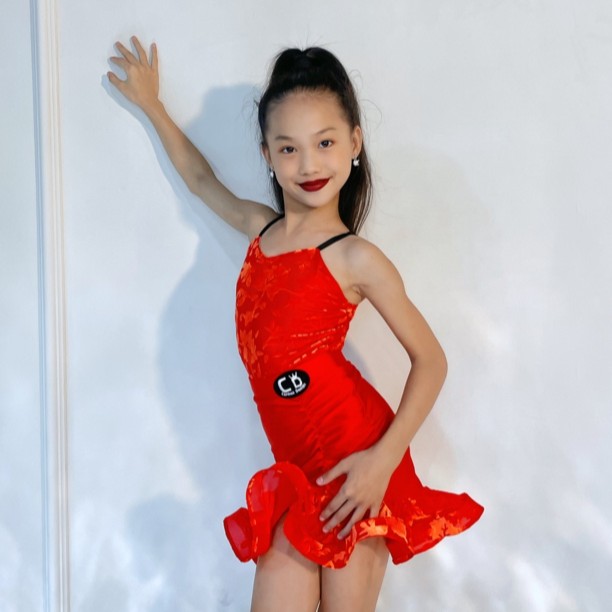 CD卡门红色烧化练习服分体两件套表演少儿露背珠光女童夏季无袖
