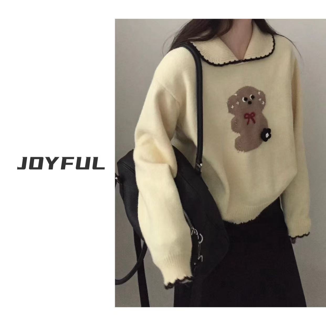 LELE-【黄油小熊】秋冬新款翻领卡通提花厚实软糯毛衣套头ins