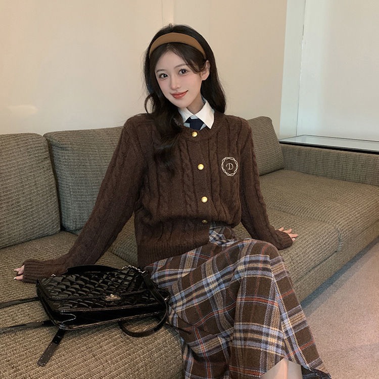 美拉德穿搭格纹长裙秋季学院风麻花针织衫三件套2023年秋冬