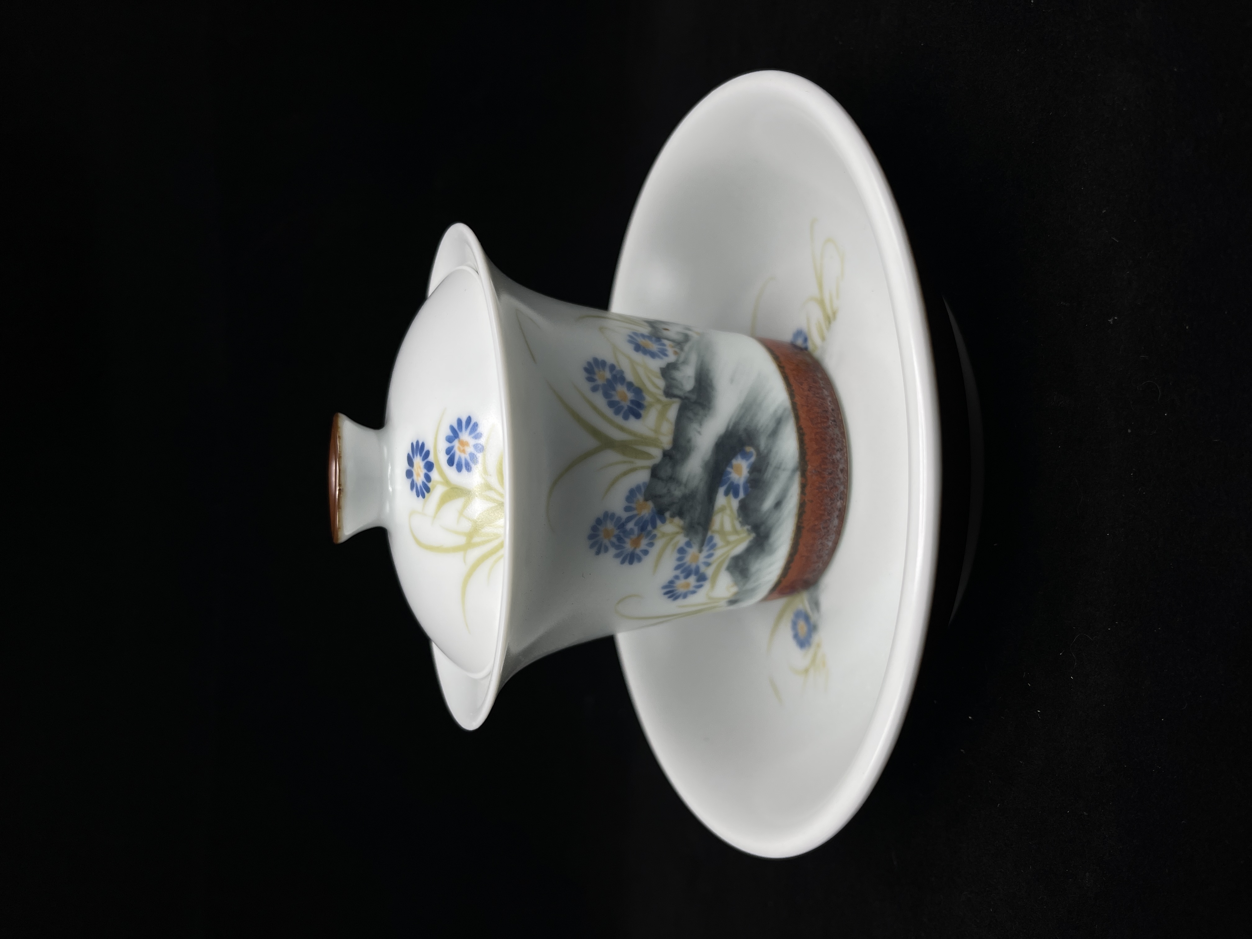 手绘花卉大号马蹄三才盖碗青花悬停高端鎏金个人泡茶碗0323