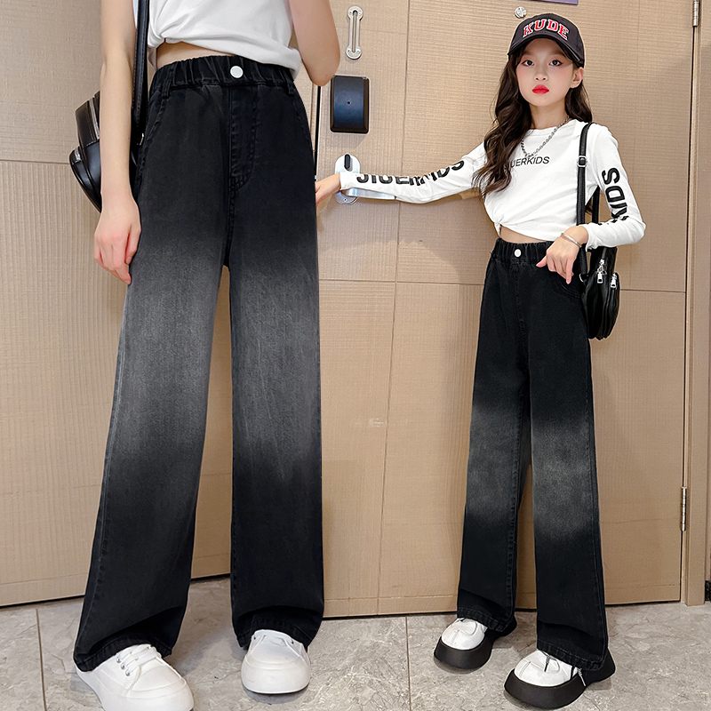 女童牛仔裤春秋儿童2023新款女孩6-12岁宽松直筒阔腿裤女大童裤子