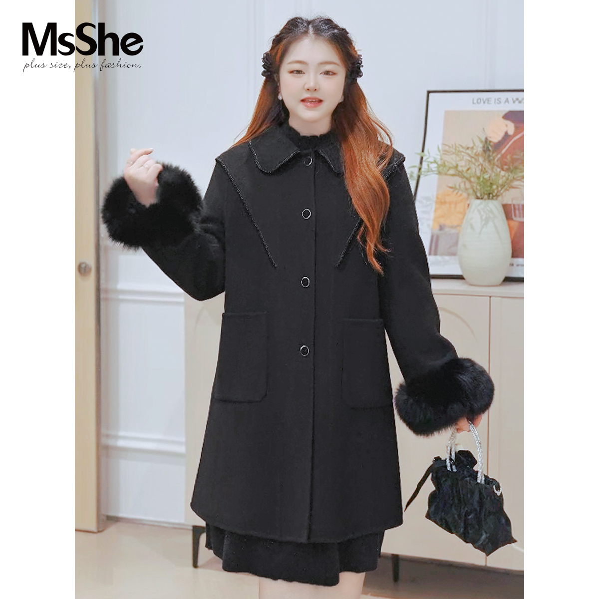 【100绵羊毛】MsShe大码女新款冬真狐狸毛袖口双面呢大衣D~F2410043