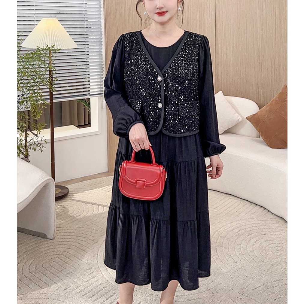 MsShe大码女装春装小香风马甲假两件皱感荷叶摆连衣D~E2409032