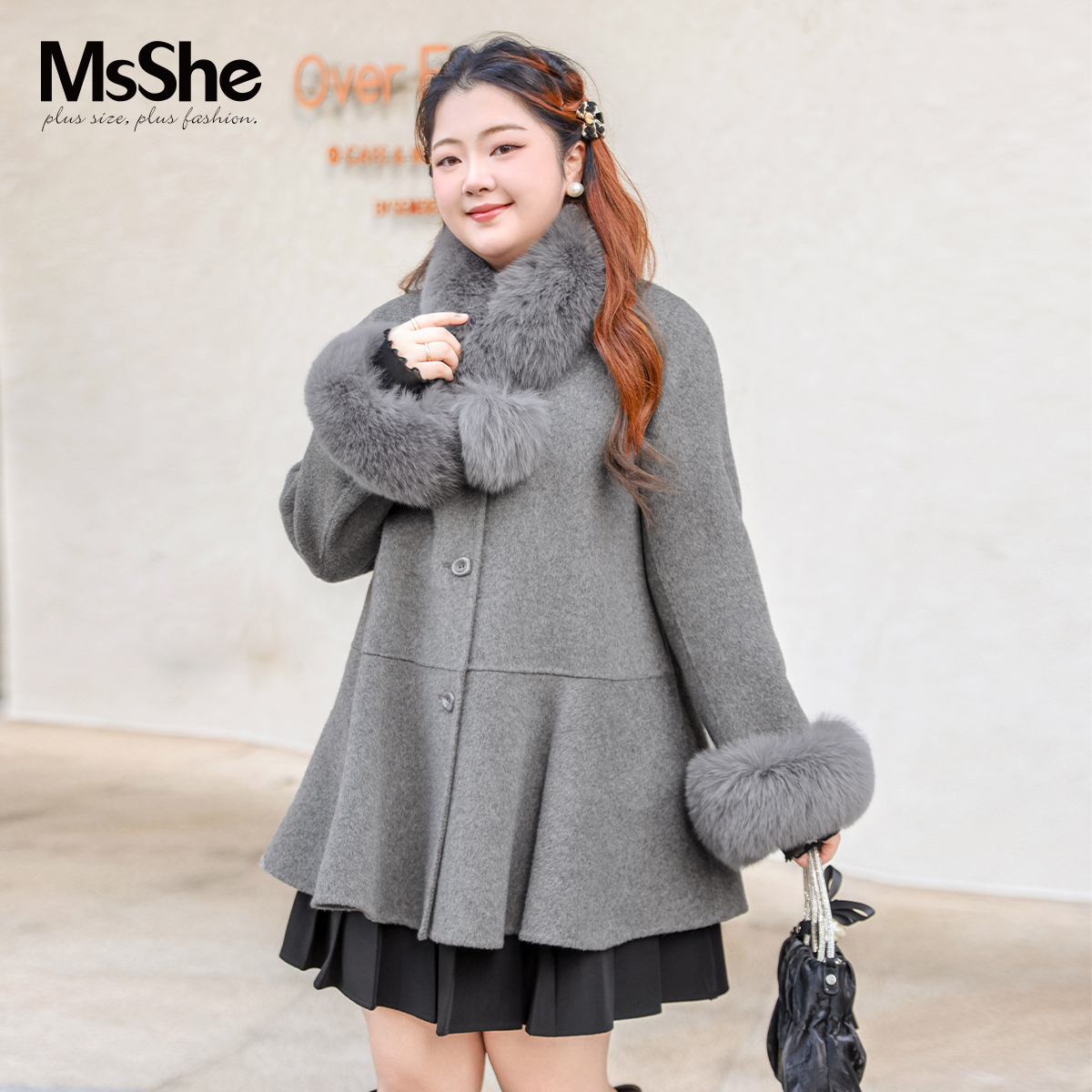 【100绵羊毛】MsShe大码女可拆卸狐狸毛围脖双面呢大衣D~F2411009