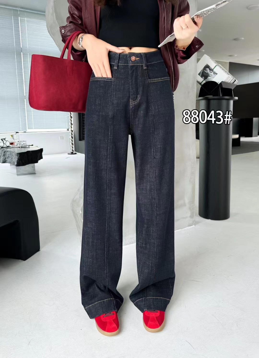 高品质欧货磨毛直筒裤休闲阔腿裤百搭显瘦秒变大长腿弹力牛仔裤