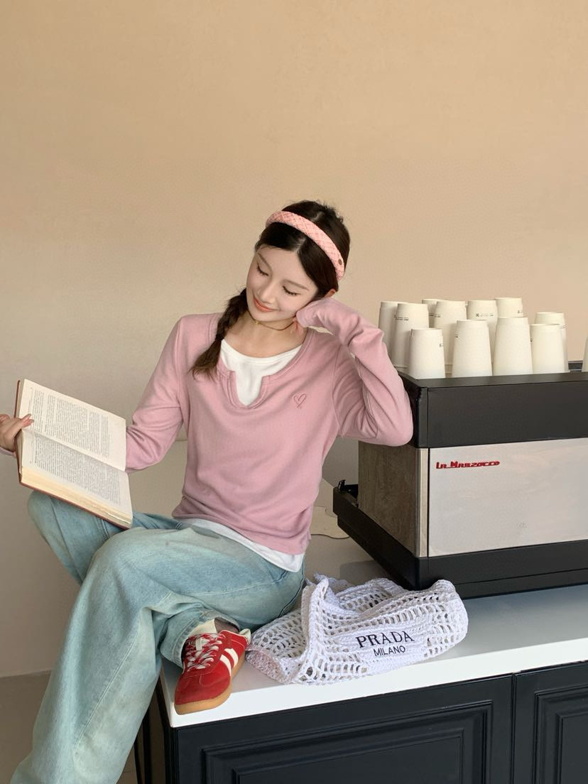 爱心刺绣假两件设计打底衫百搭T恤