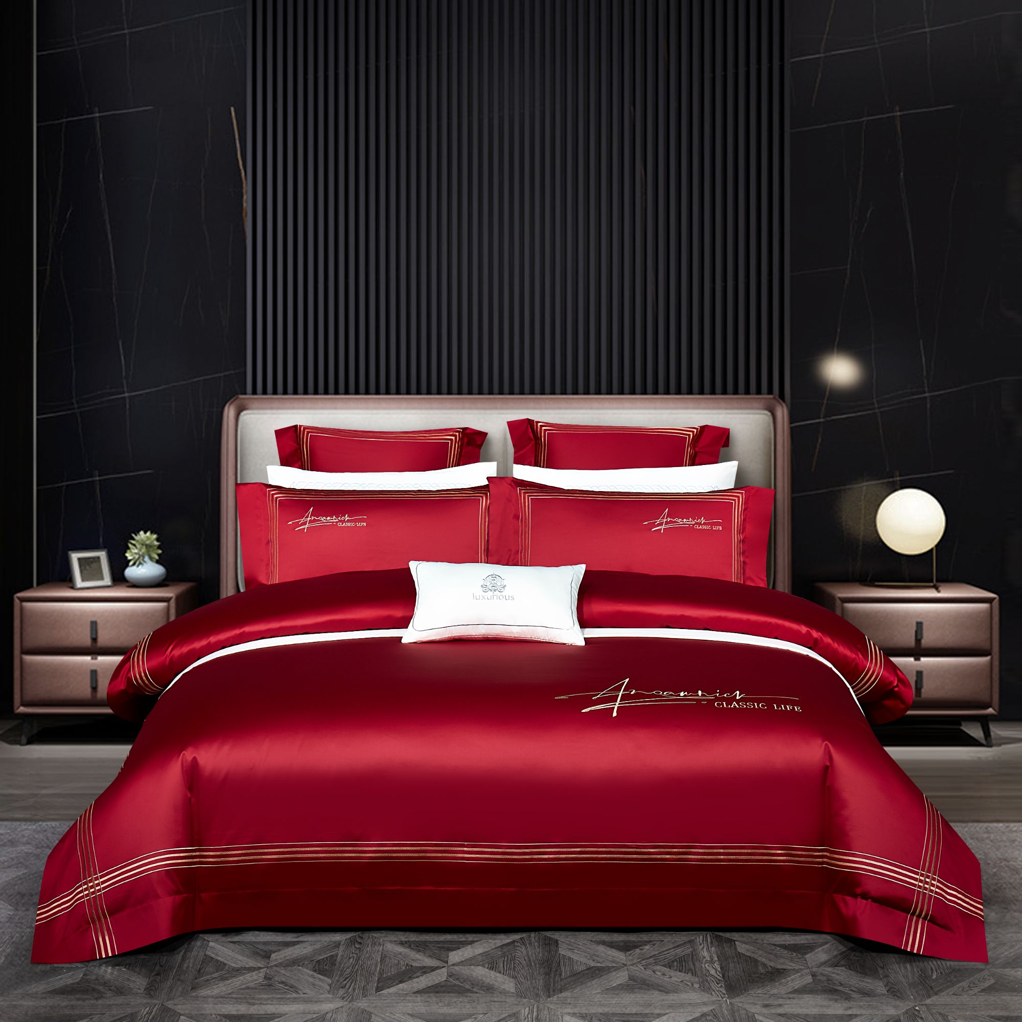 【哈密尔顿】明超臻品双股长绒棉高支高密婚庆刺绣简约四件套