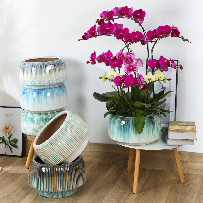  蝴蝶兰花专用轻奢高级感特大号大口径陶瓷透气高脚家用客厅花盆