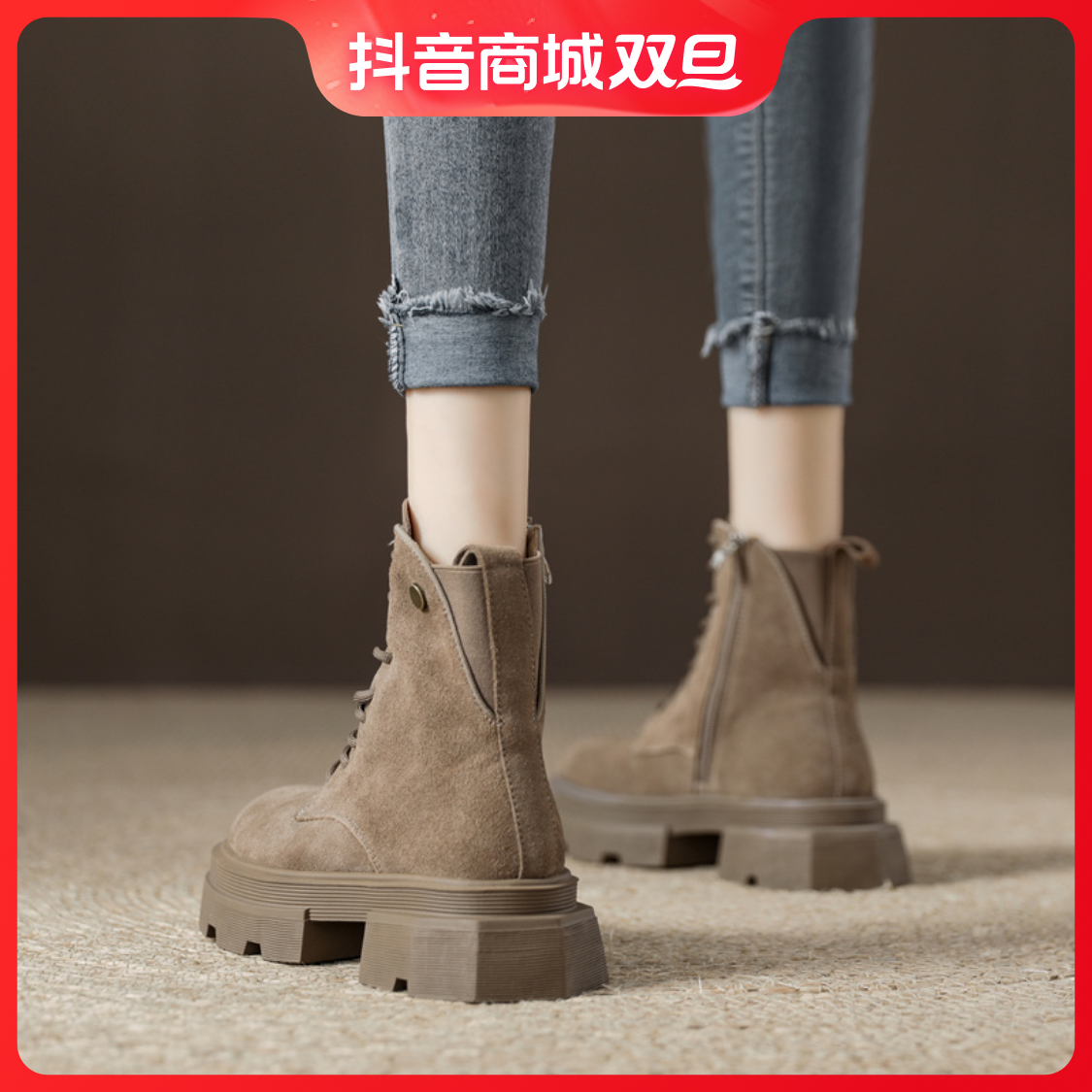 百丽纯爱磨砂牛皮马丁靴女靴子2023秋冬新款厚底系带短靴英伦风机