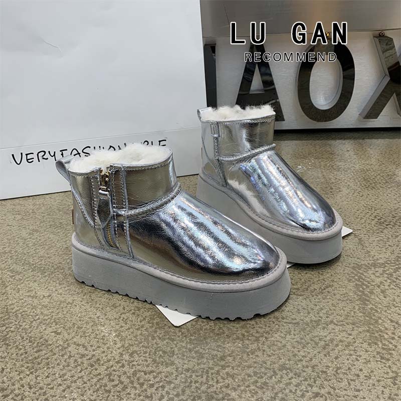百丽纯爱银色厚底短筒雪地靴女2023新款秋冬季加绒保暖松糕拉锁东