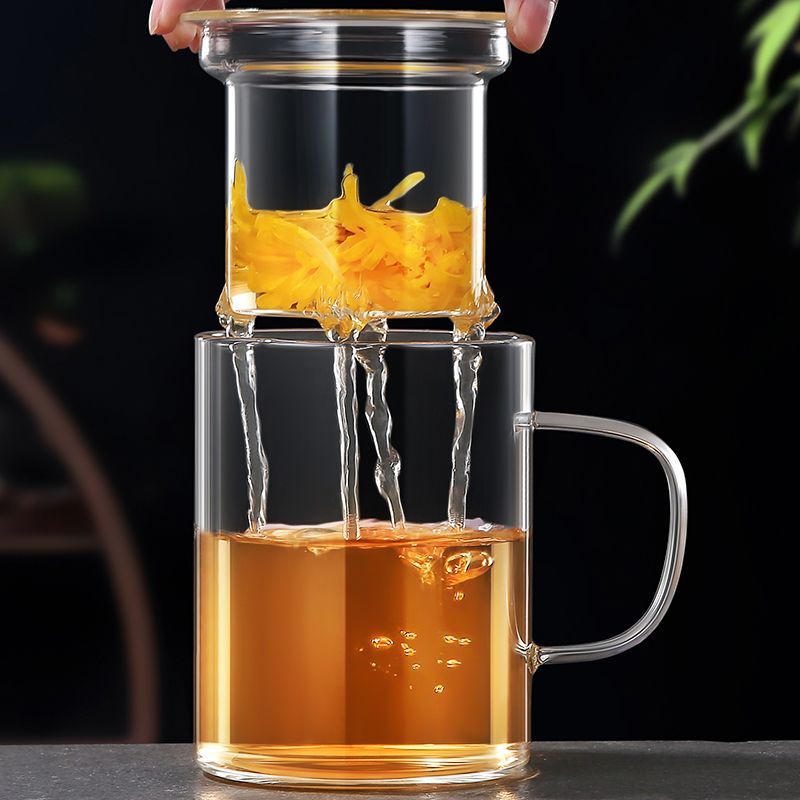 玻璃杯茶杯带把带盖茶水分离过滤泡茶杯耐热加厚办公杯喝茶杯公杯