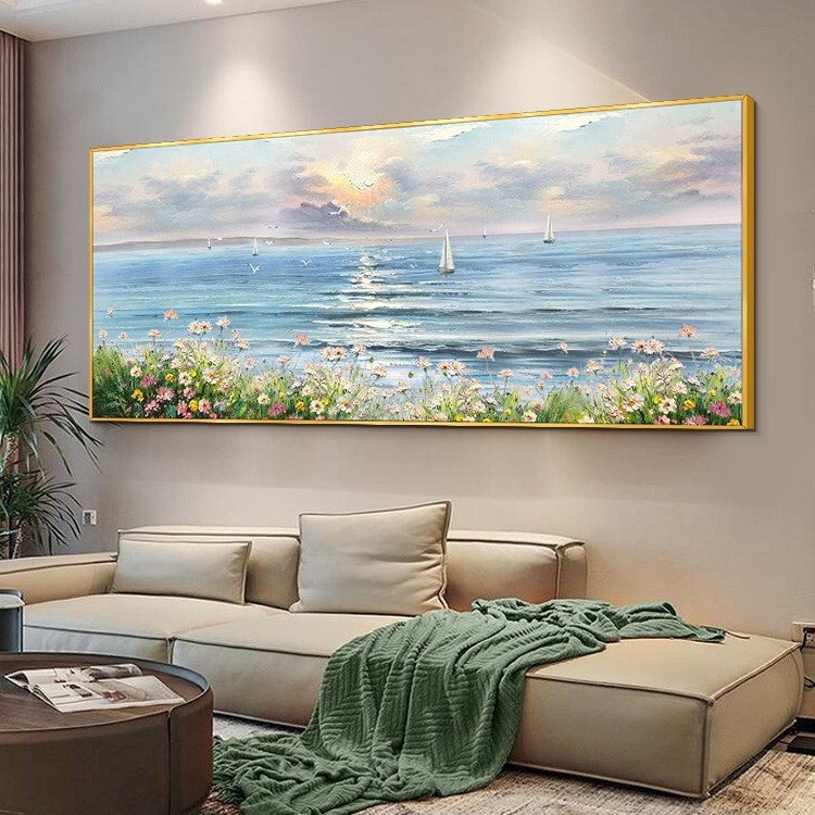 日出风景花海床头挂画横幅客厅沙发背景墙装饰画