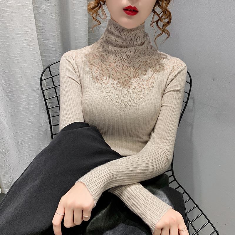 高领蕾丝打底衫女秋冬洋派内搭年新款修身显瘦毛衣针织衫上衣