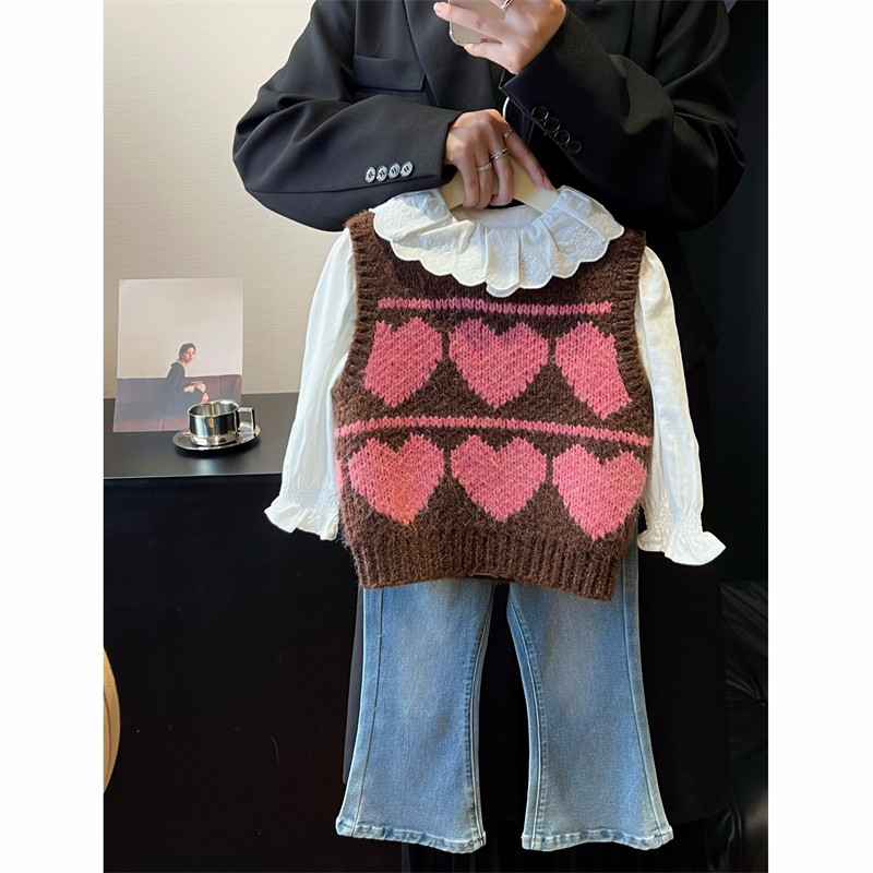 现货【桃心马甲】2024秋季新款4973女童甜美针织马甲儿童时尚背心女