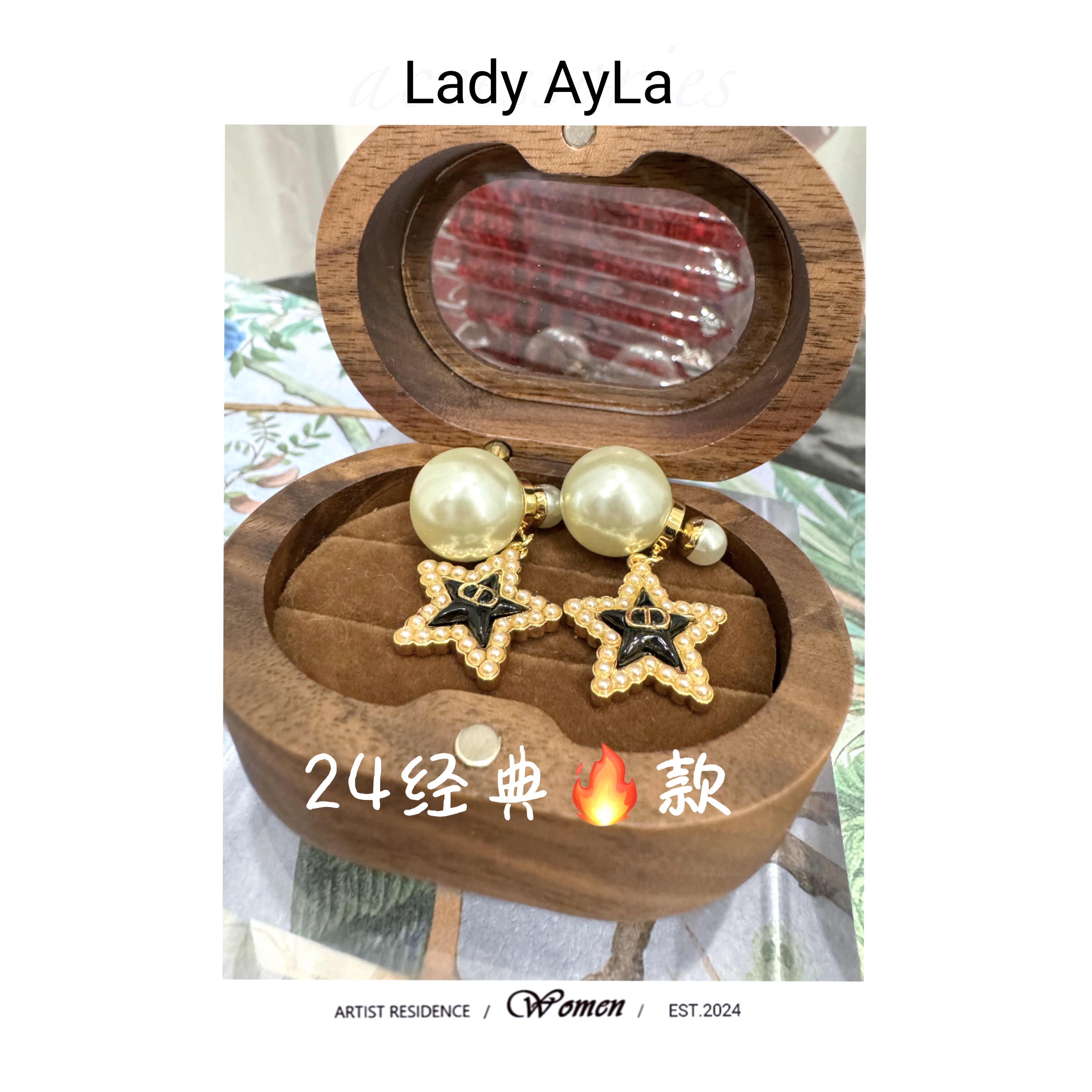 铜合金合成锆石耳饰 CD五角星满镶珠珠耳钉AL410