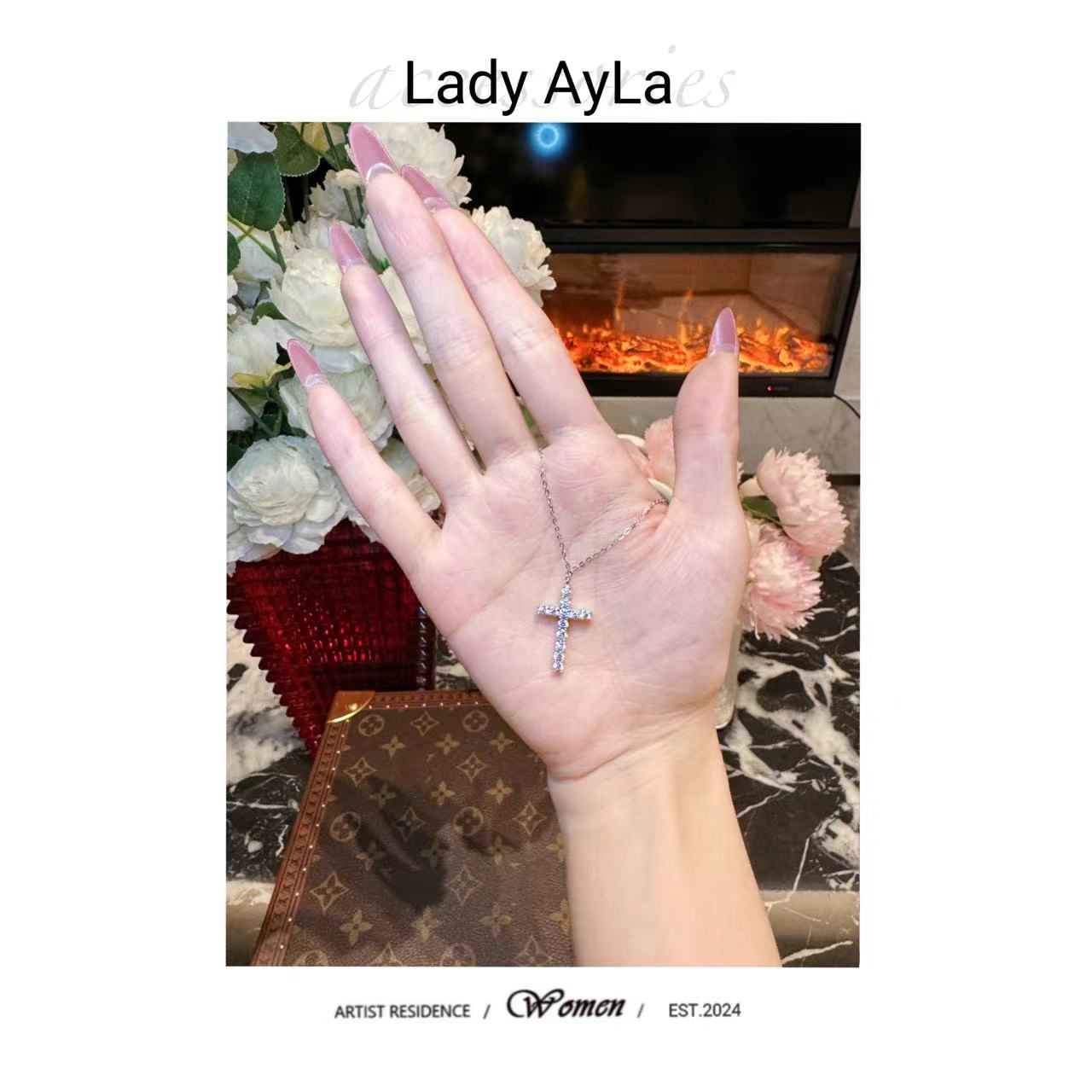 坠链均925银合成锆石 十字架闪锆时尚百搭项链AL781