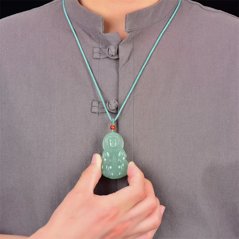 天然翠青东陵玉观音吊坠男女款挂件玉坠平安玉石观运亨通直播货源