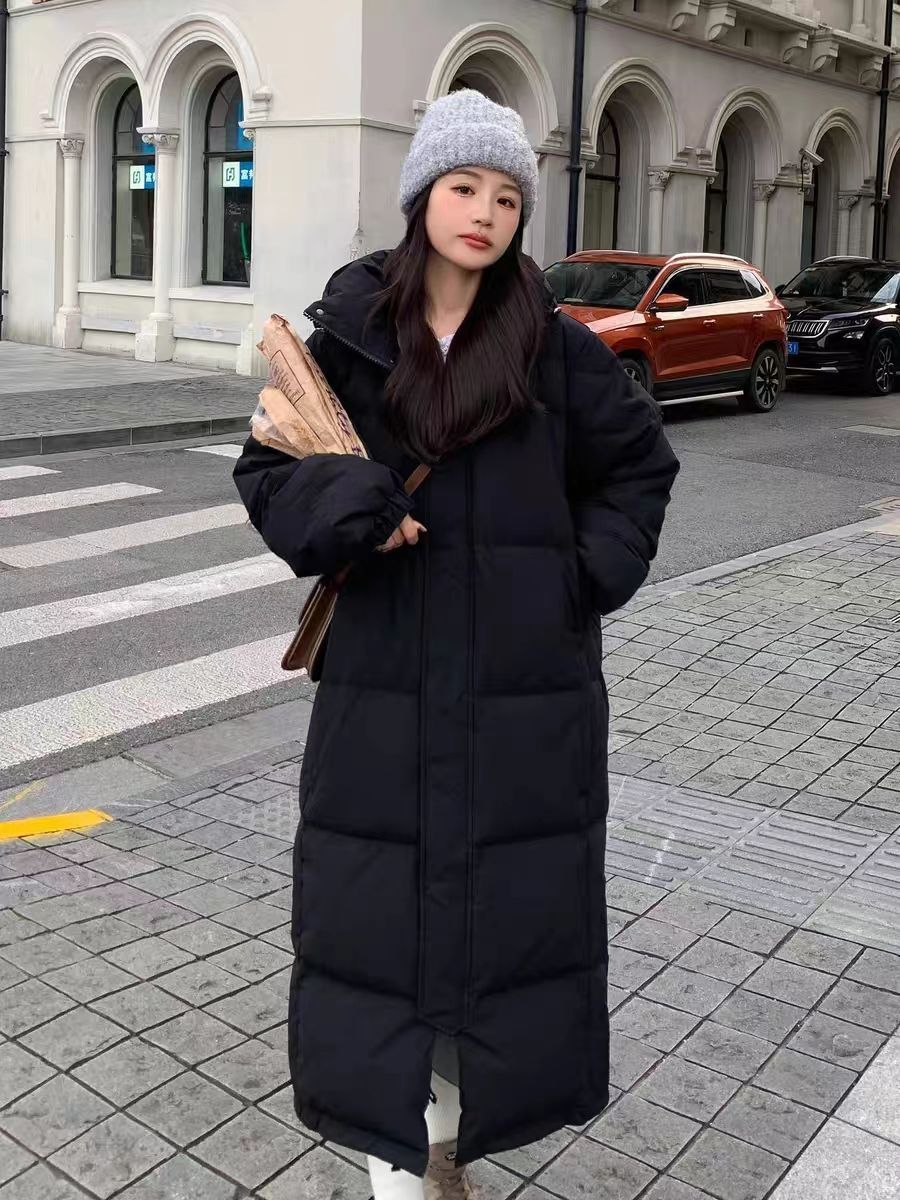秋冬过膝保暖黑色长款2023新款白鸭绒羽绒服男女冬季连帽学生情侣