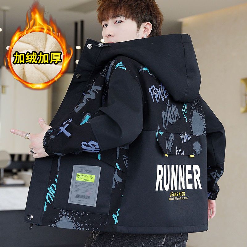 帅气加绒加厚外套男秋冬季工装连帽男孩夹克青少年中大童潮流宽松