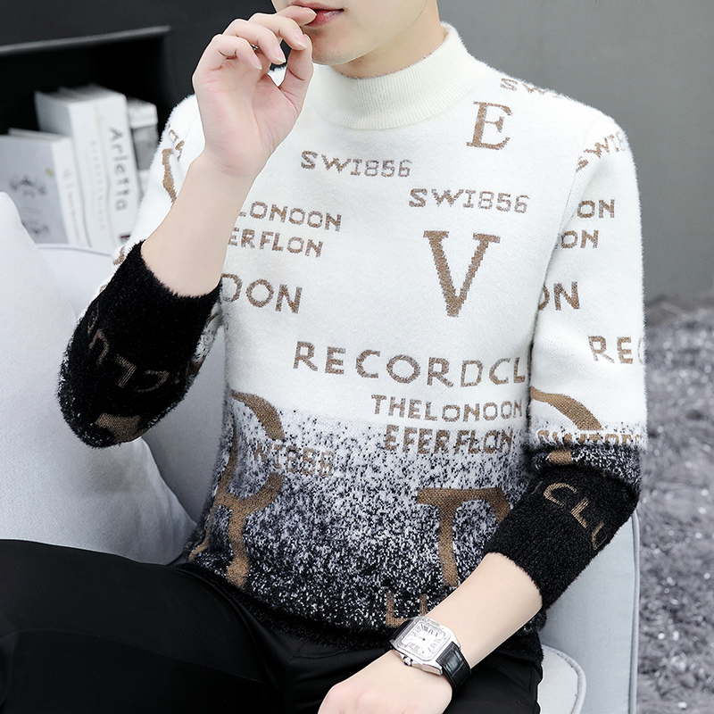 男士毛衣秋冬新款潮流渐变色针织衫半高领套头上衣保暖打底毛线衣