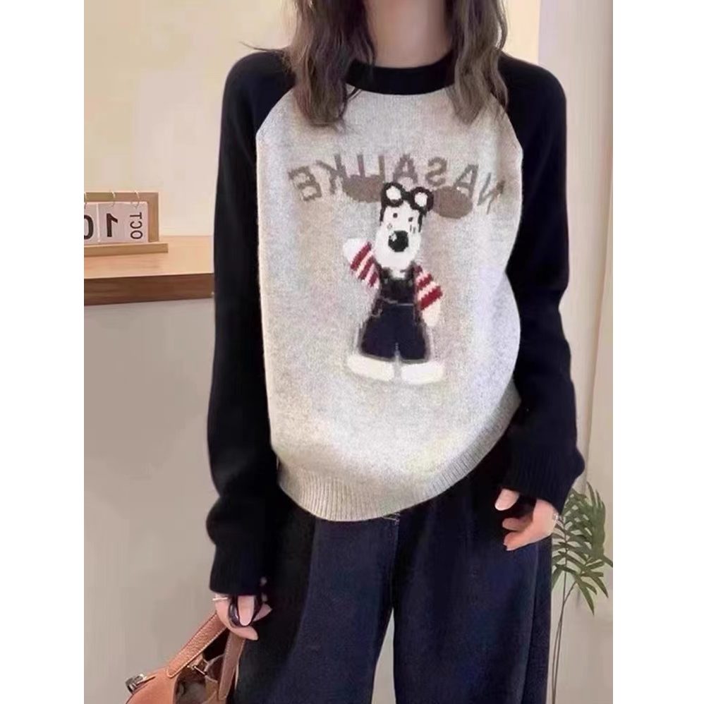 秋冬新款韩版小狗提花圆领套头针织衫毛衣女7713