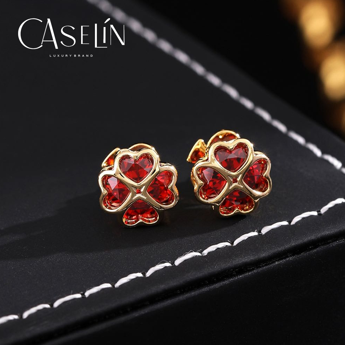 铜合金耳饰 四叶草爱心时尚轻奢过年红色耳环~7000