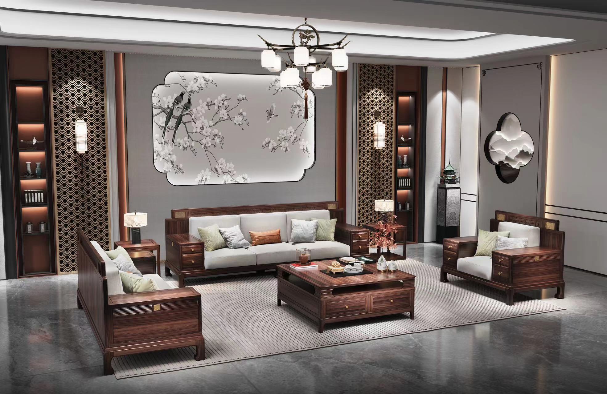 F812国潮新中式黑檀木全实木沙发大户型别墅家用轻奢老虎脚大沙发