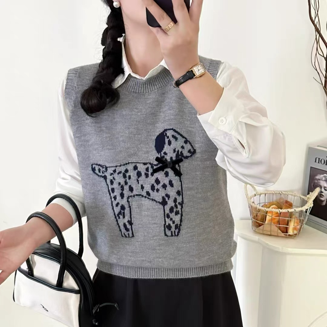 圆领斑点狗针织马甲女宽松