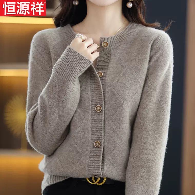 恒源祥集团彩羊100%纯羊绒衫外套女秋冬新款圆领毛衣羊毛开衫打底