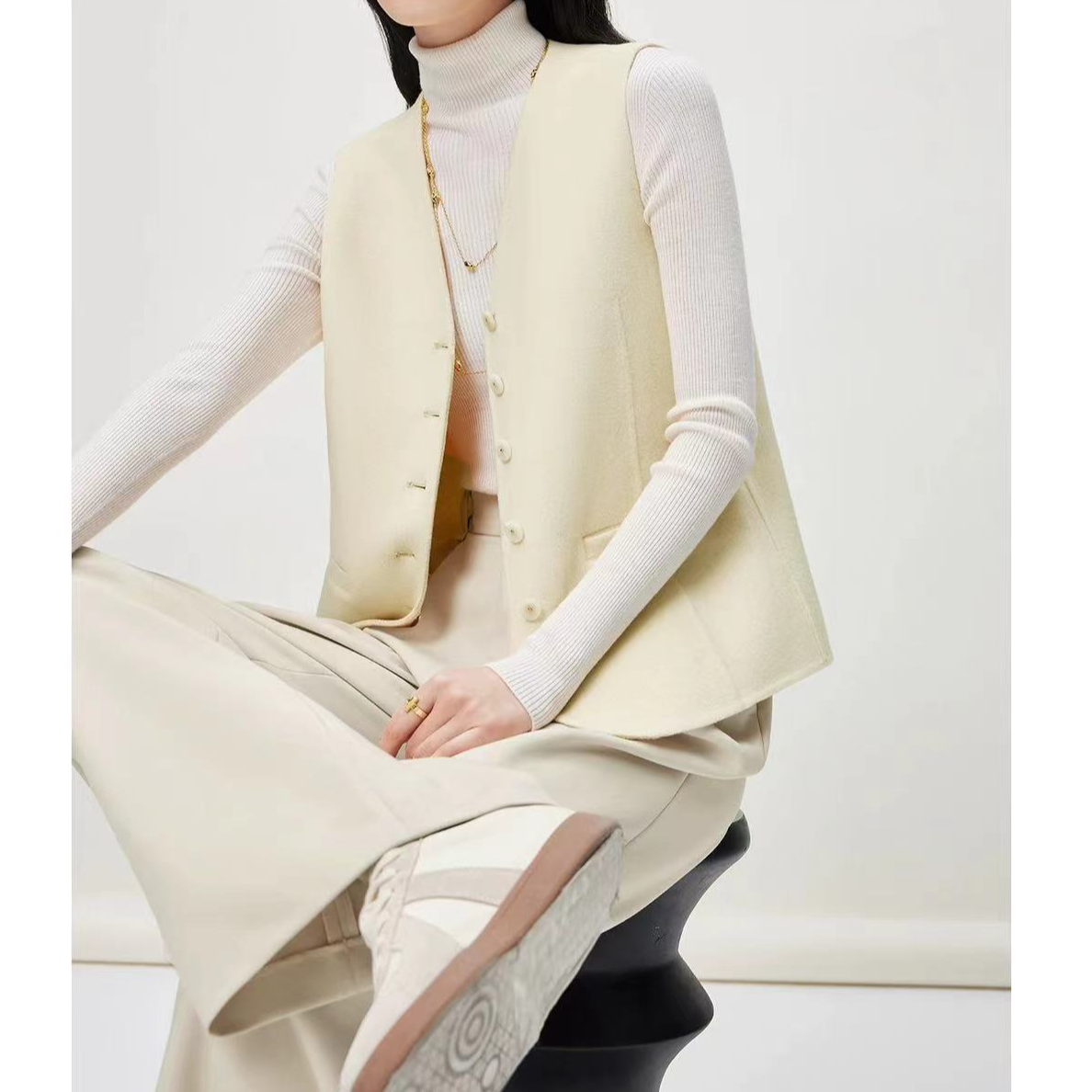 马夹百搭双面毛呢马甲气质保暖无袖冬季时尚纯色马夹简约休闲0987