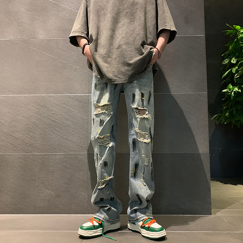 欧美高街vibe美式裤子男夏季宽松直筒潮牌高街破洞牛仔裤乞丐长裤
