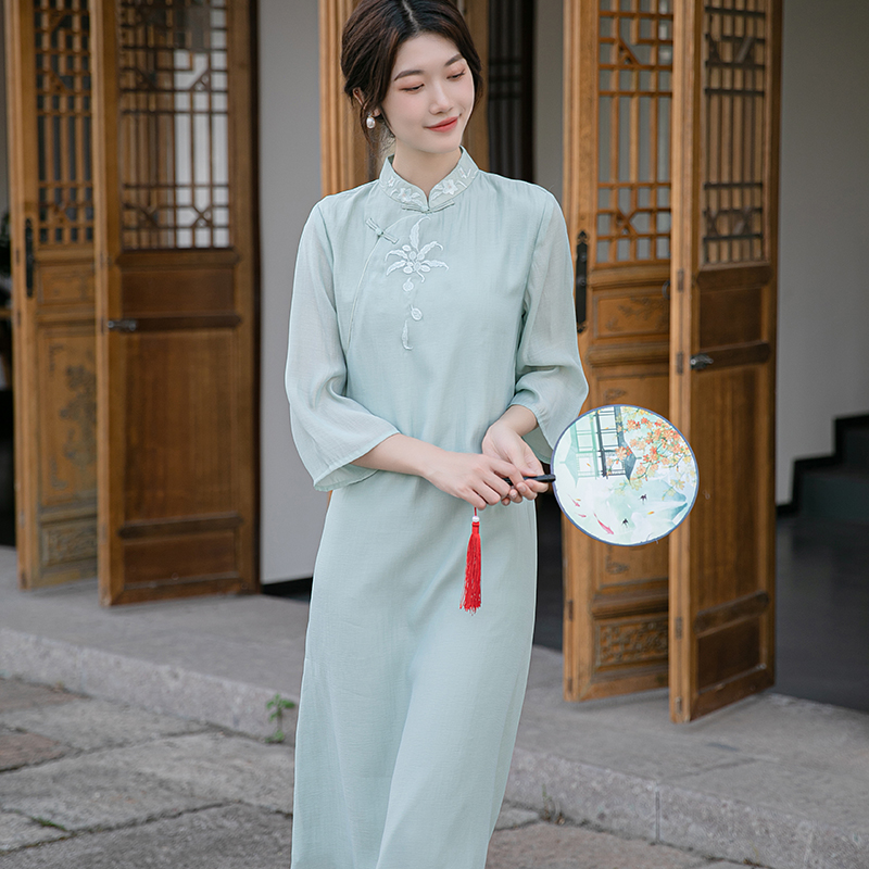 新中式茶艺服改良旗袍春夏中国风复古长款连衣裙禅意日常茶居士服