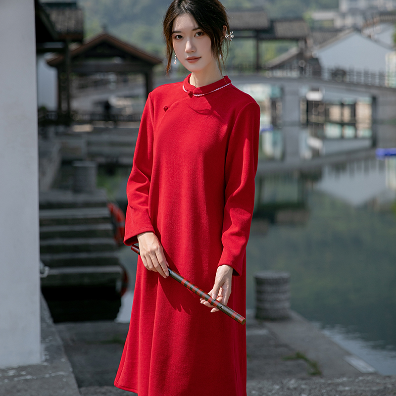 红色礼服改良旗袍冬装新品日常禅茶服女文艺复古外套连衣裙过年服
