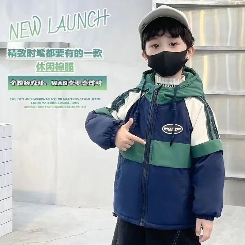 冬季中大童夹棉加厚派克服外套男孩拼接款连帽棉袄