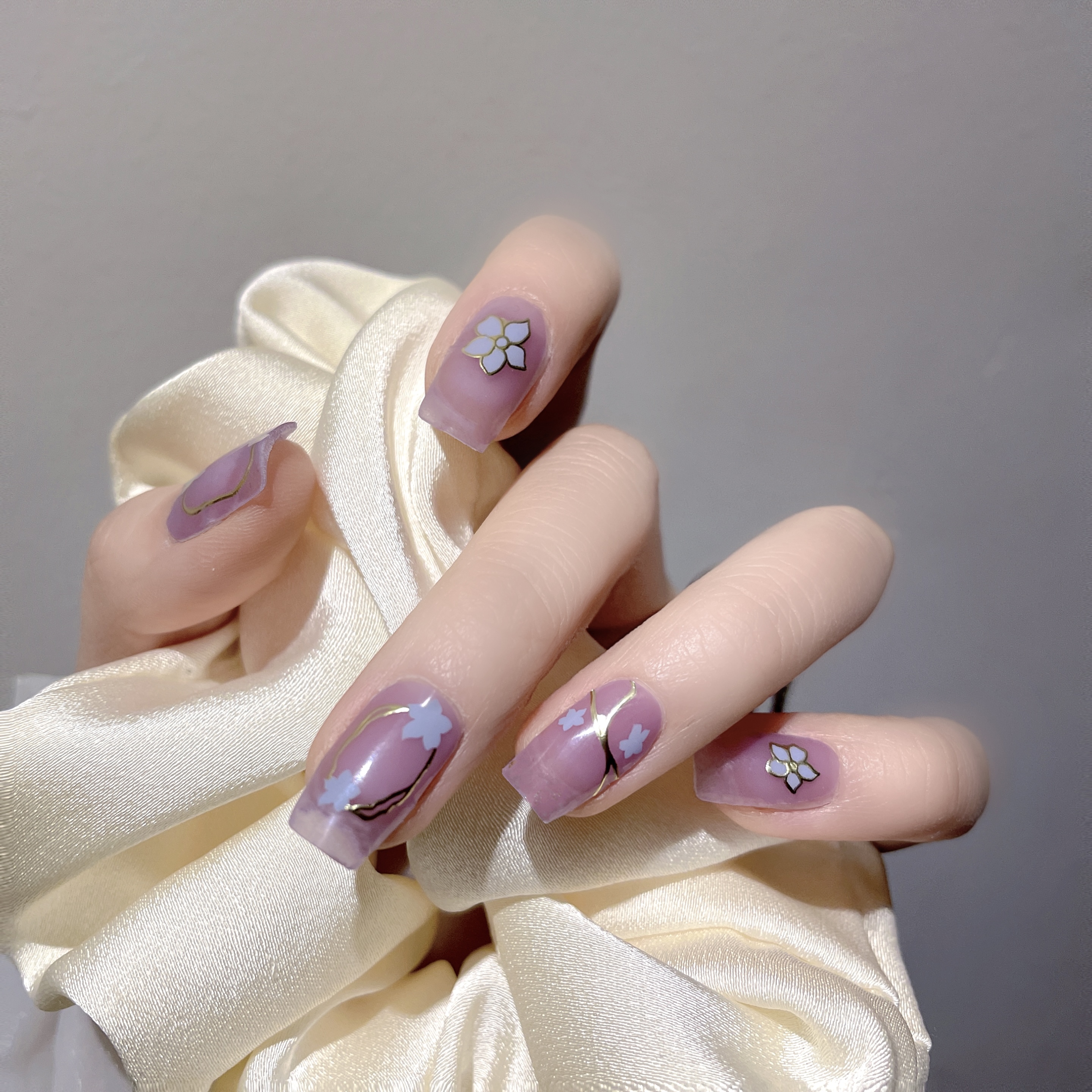 [香芋紫烫金小花123]气质懒人防水凝胶美甲贴22指双头（2-4手）