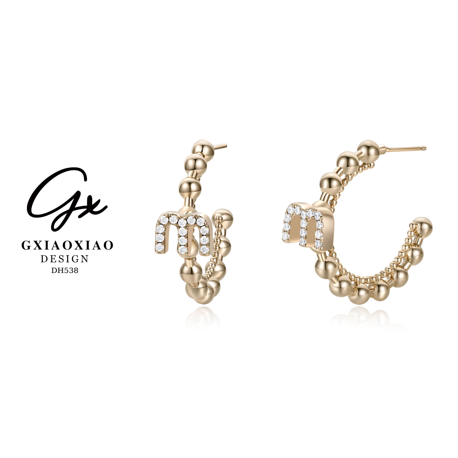 铜合金合成锆石耳饰 GXX 法式气质高级感百搭字母m耳环 DH538