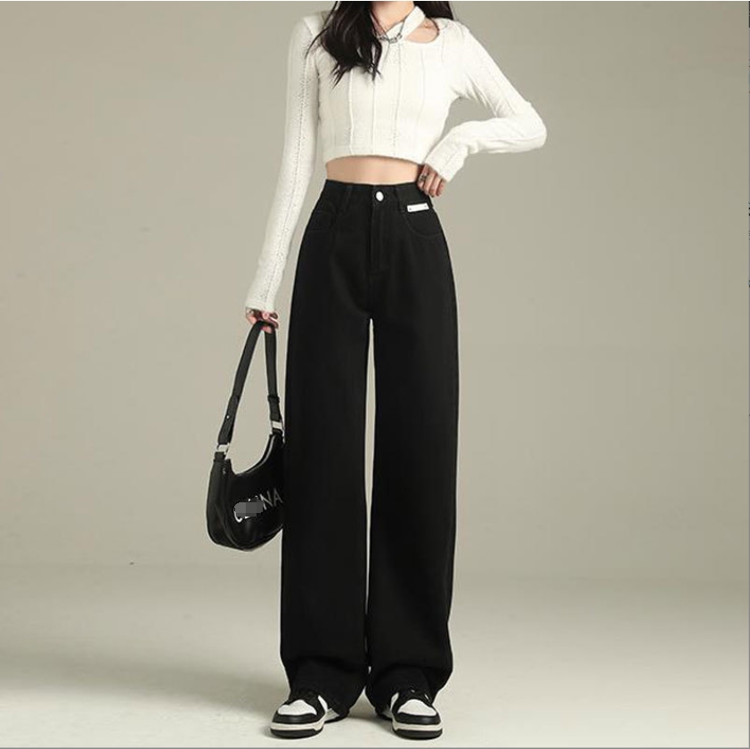 【95】新款设计小皮标高腰直筒裤女宽松休闲百搭牛仔裤