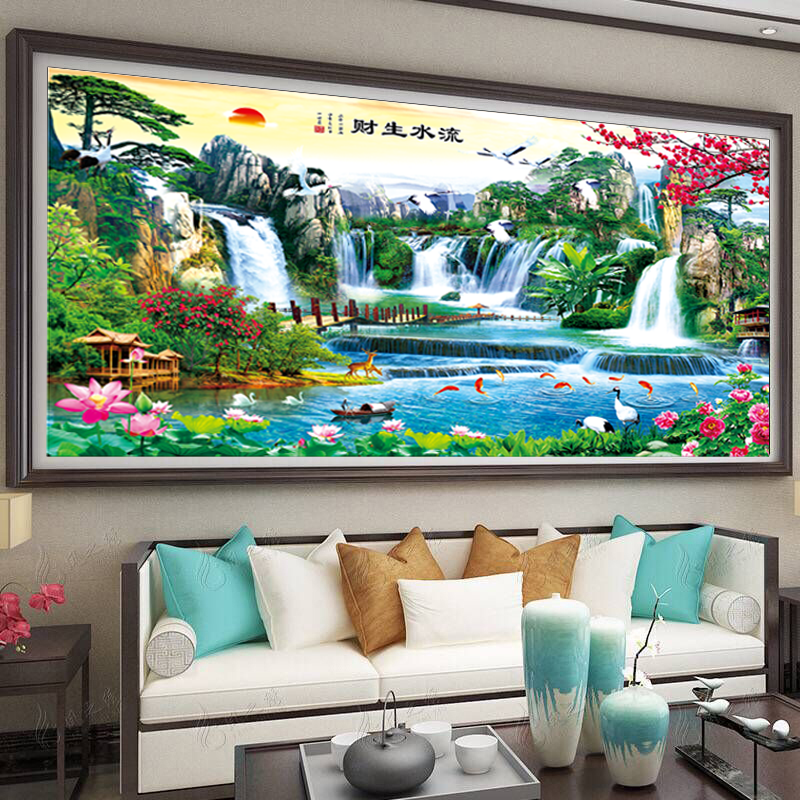 【美娜丽莎】山水画客厅卧室十字绣流水生财聚宝盆67色满绣有勾边